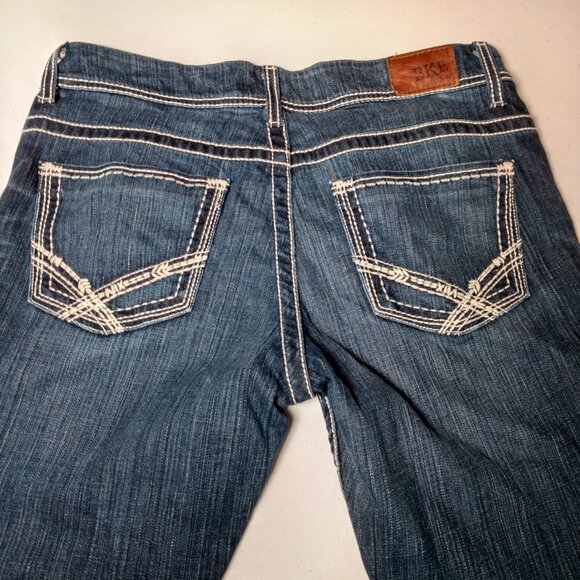 BKE Denim Payton Jeans Women 32L Dark Wash Blue Pants Whiskered White Stitching - Picture 14 of 16